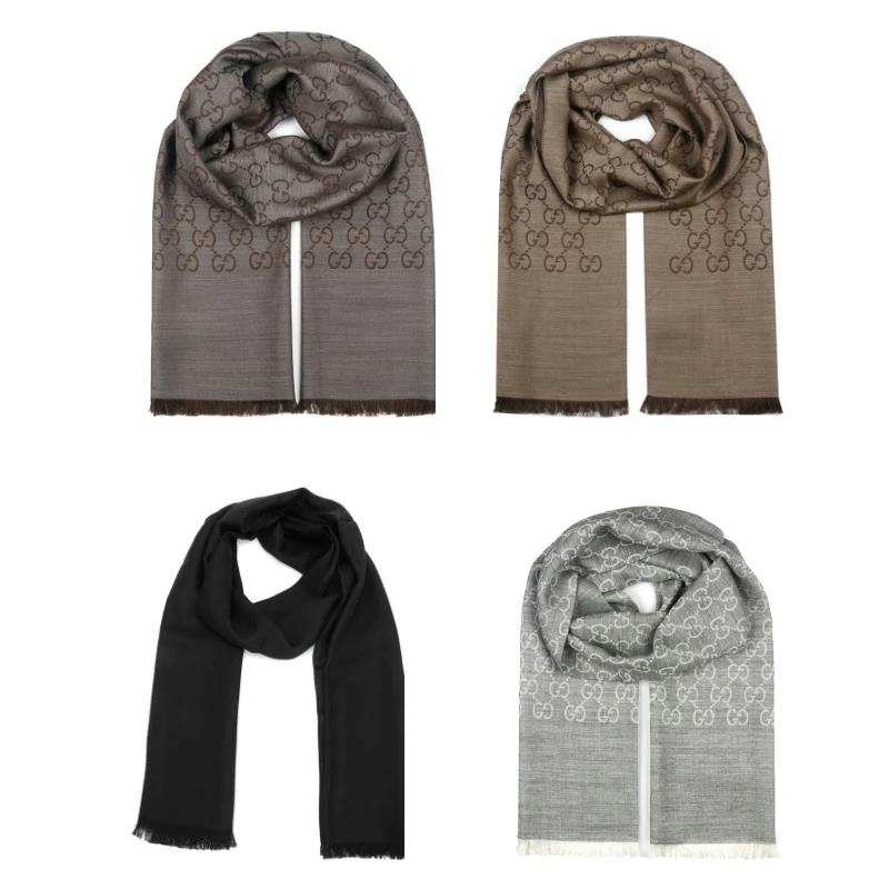 古驰GUCCI经典双G双面时尚织花羊毛绒线流苏百搭围巾披肩情侣款