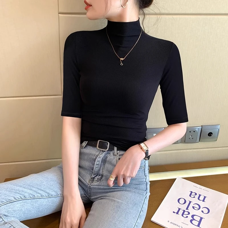 半高领中袖内搭打底衫半袖T恤女2025早秋夏五7分袖黑色修身上衣