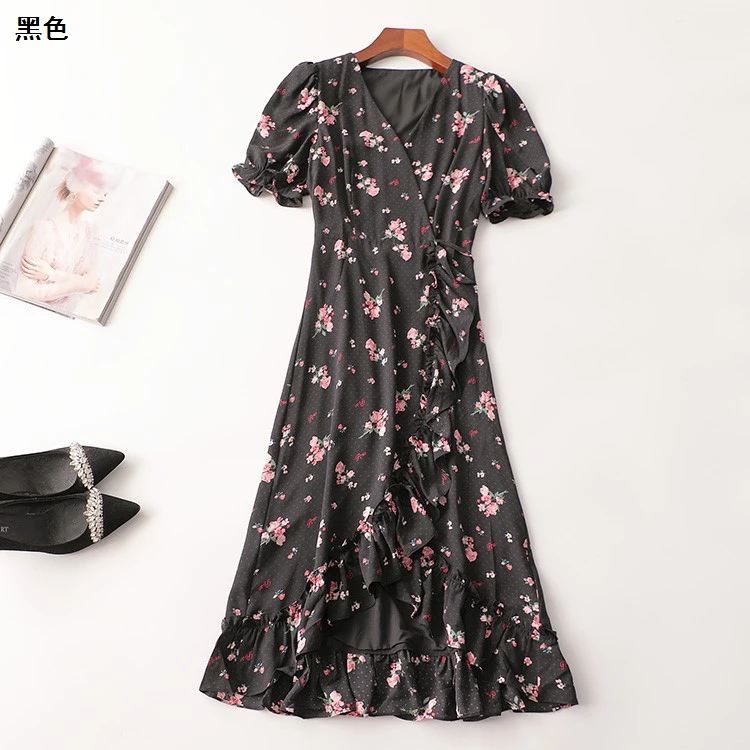 243334夏加长款短袖V领连衣裙