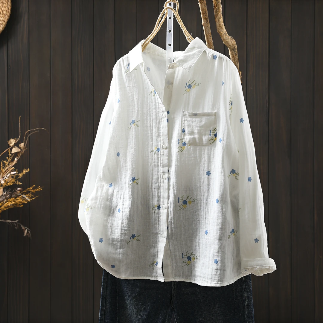 衬衣女款2025新款爆款早秋碎花白色双层棉纱洋气减龄百搭长袖衬衫