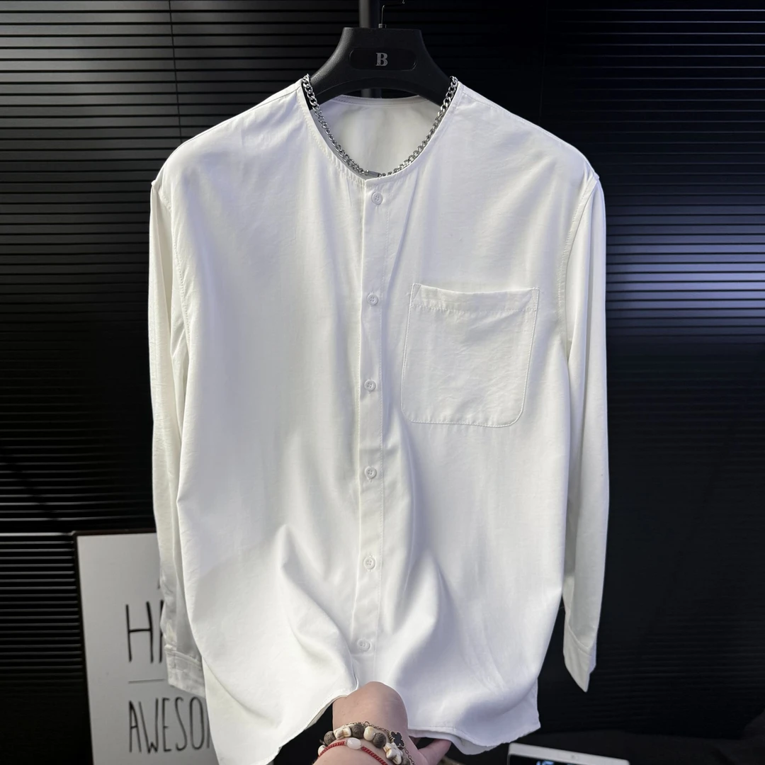 XP-2025春秋新款垂坠感宽松慵懒男士纯色休闲圆领气质长袖衬衫