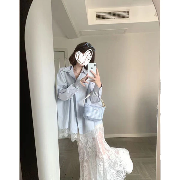 【冰岛慕斯】超绝甜美仙女蕾丝下摆蓝色显瘦衬衣+蕾丝内搭美背 8015