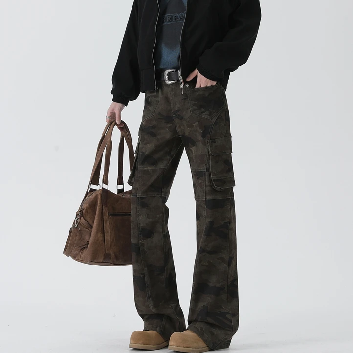 美式bootcut迷彩弯刀牛仔裤男夏季设计感小众多口袋直筒微喇裤子