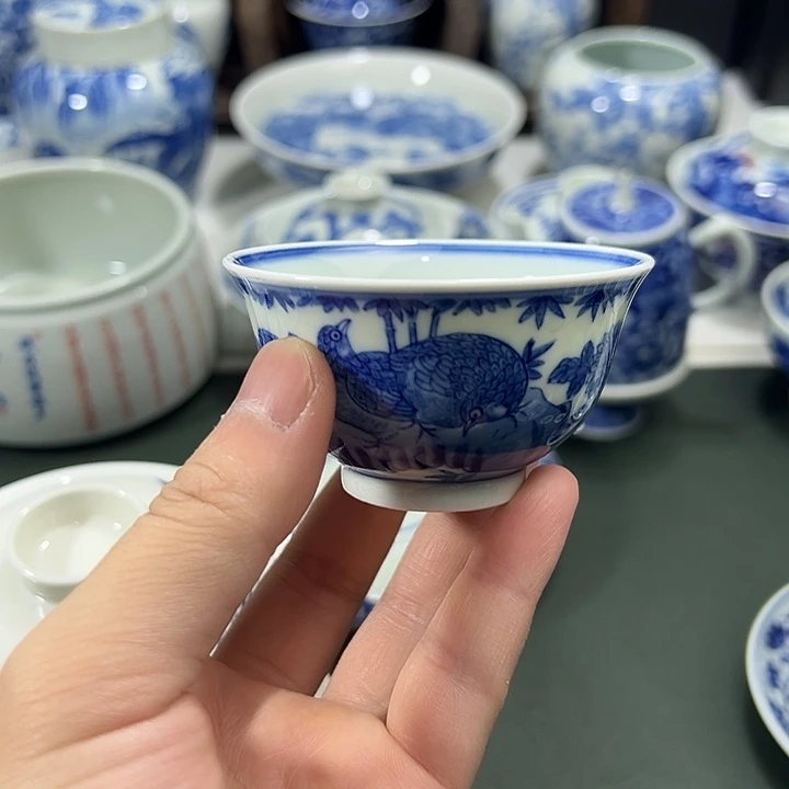 微瑕柴窑工笔花鸟竹报平安小杯