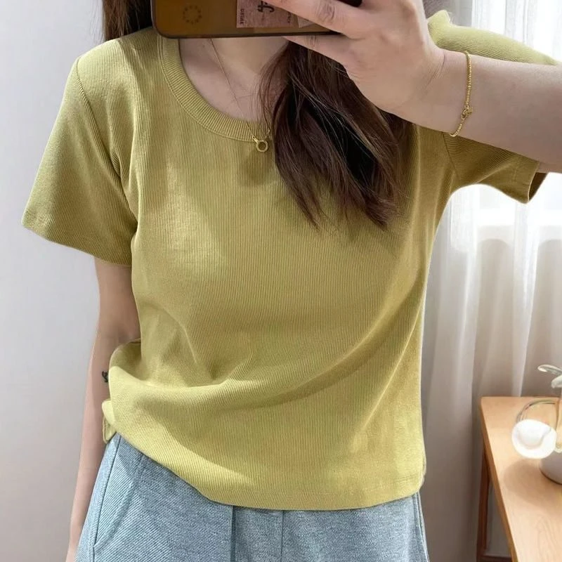 大码200斤简约正肩圆领纯色短袖t恤女设计感夏季休闲百搭显瘦上衣