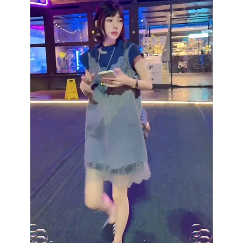 设计感小众拼接显瘦短袖连衣裙欧洲站2025夏季洋气休闲减龄短裙潮