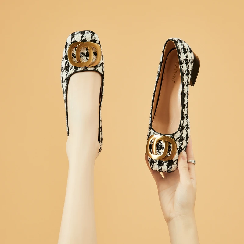 复古千鸟格气质时尚单鞋2025年春季气质中高跟百搭女鞋4223101205