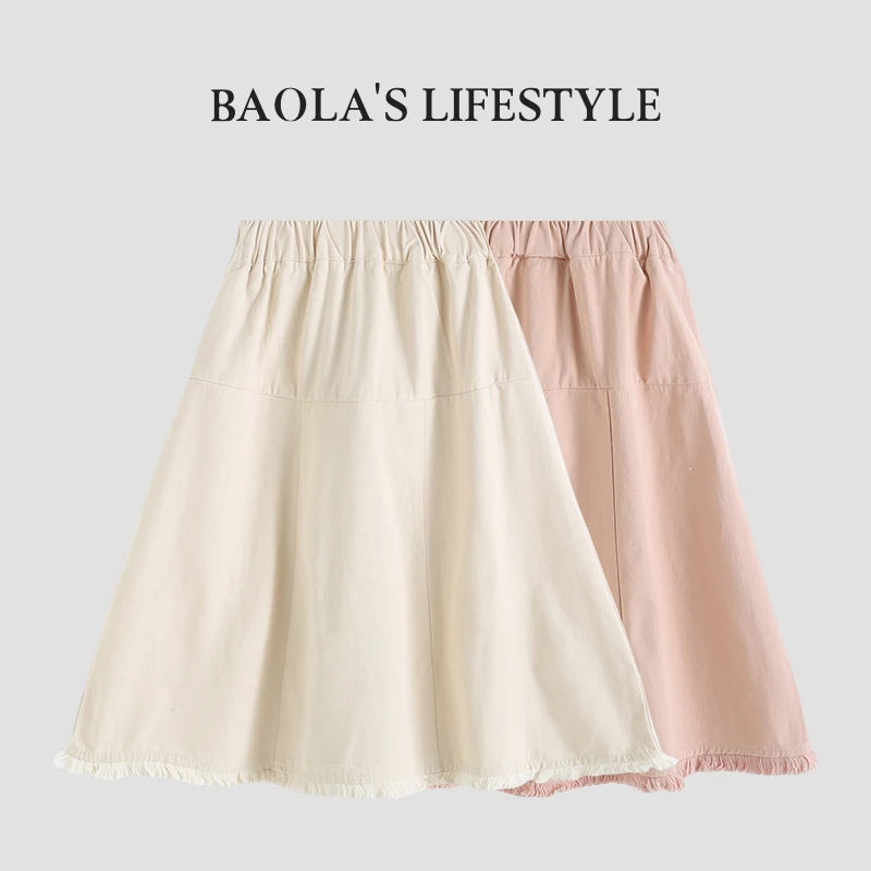 蜜桃可可【高定】韩系清新简约春季女童棉布毛边百搭半身裙-LC205