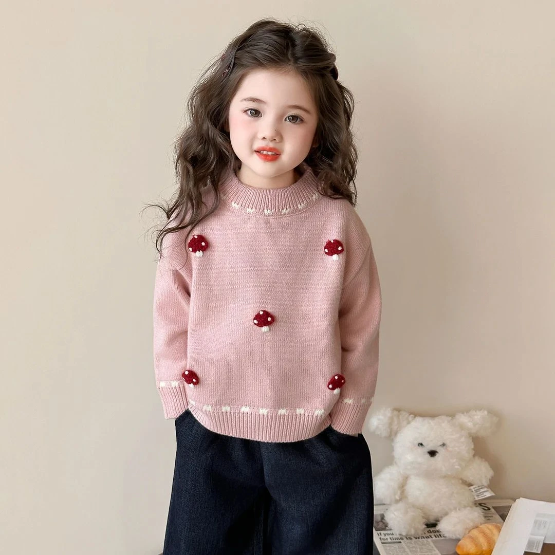 女童套头毛衣洋气秋冬装女宝宝加厚针织衫小女孩打底小童蘑菇线衣
