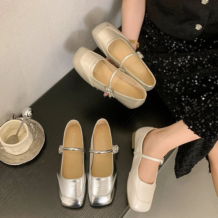 【运费补贴】真皮夏季新款平底方头一字扣带浅口半拖单鞋6051