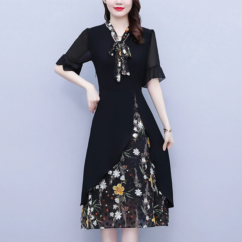 夏装2025新款法式赫本风不规则收腰显瘦蝴蝶结碎花连衣裙