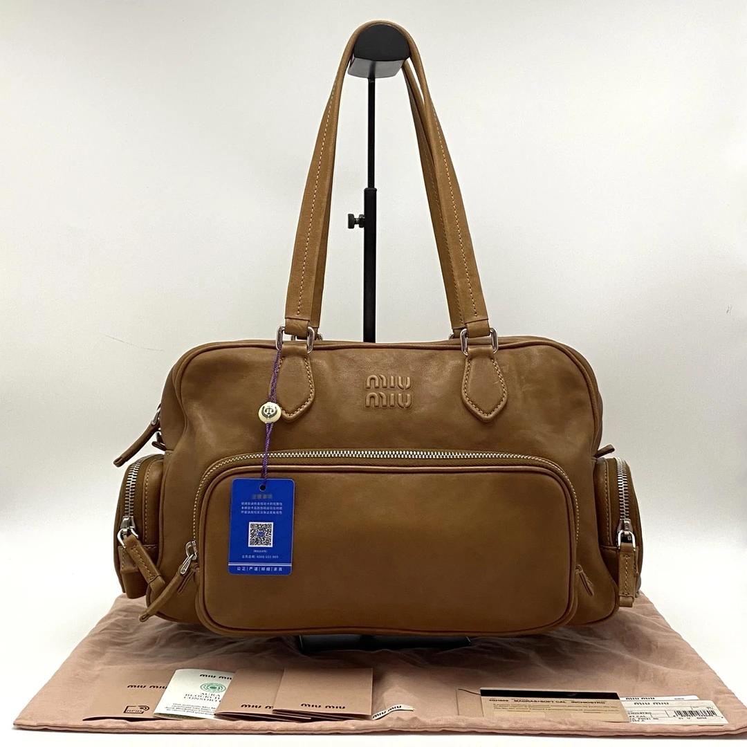 99新 MIU MIU/缪缪 焦糖色Pocket Nappa张元英同款机车包 22590