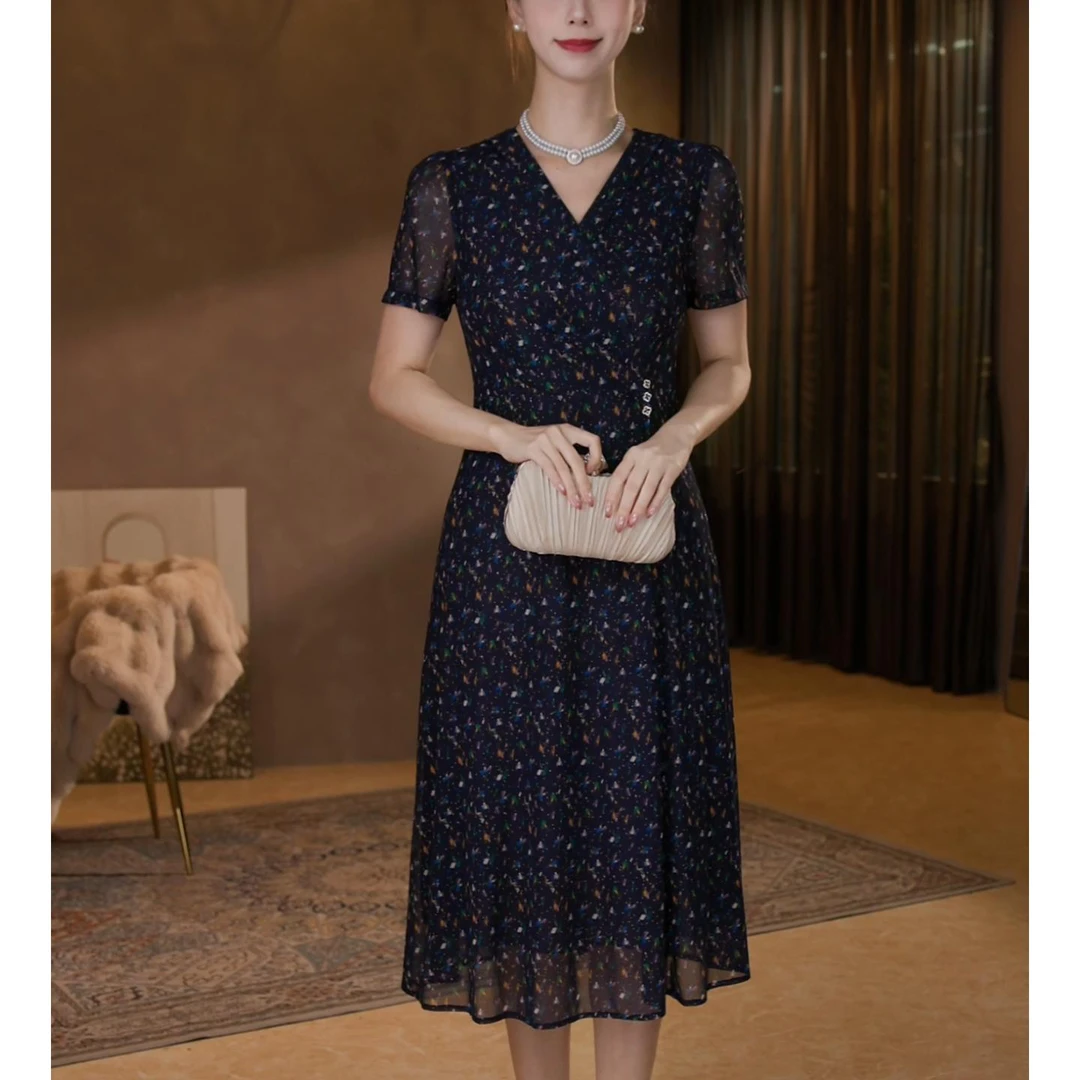 2025夏季新款女装连衣裙气质优雅碎花网纱弹力印花中长款裙子L92