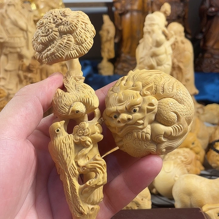 黄杨木双鸟如意加6Cm貔貅