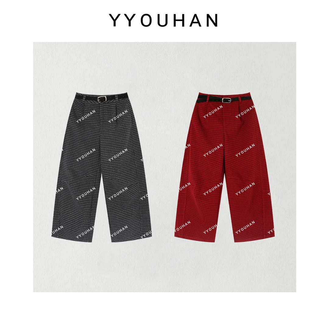 欧尼私服【格子休闲裤】2025秋季带腰带透气显瘦阔腿裤 2509C6211