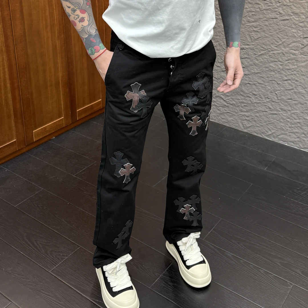 2025春季新款时尚休闲百搭黑色拼皮男士工装裤