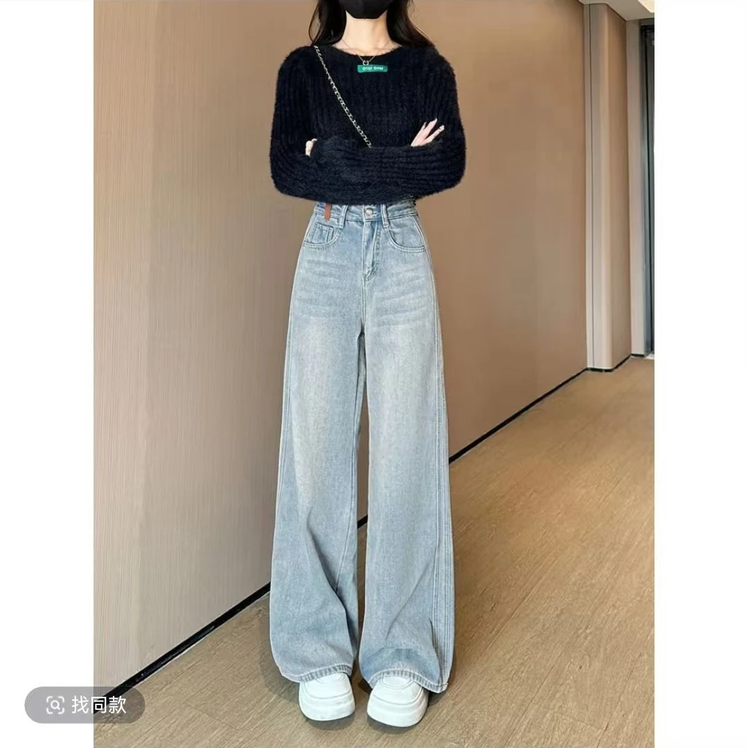 早春新款双压线显瘦高腰2025牛仔裤女拖地直筒阔腿裤