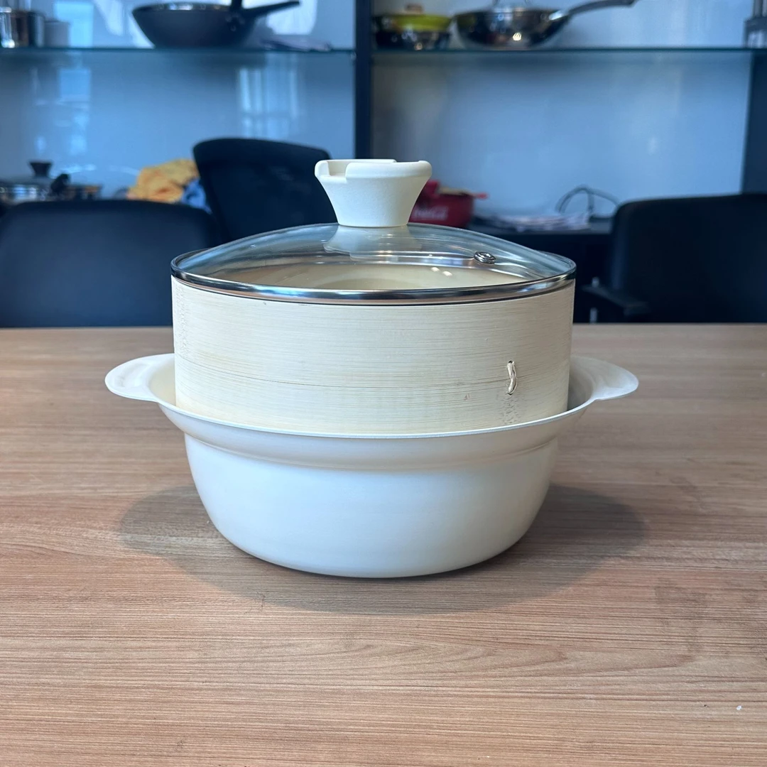 AnnaRosi20cm象牙白日式陶瓷桌上锅不粘锅带竹蒸笼复底电磁炉可用