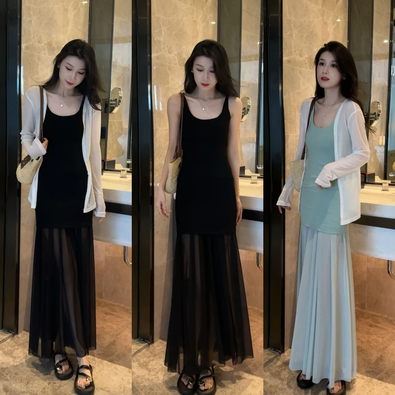 2025早春新款法式气质修身收腰初恋吊带裙+防晒开衫外套套装