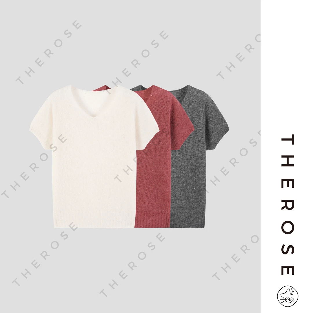 【惬意午2.0】休闲舒适云感珠片纱V领丝绒短袖时尚针织T恤女