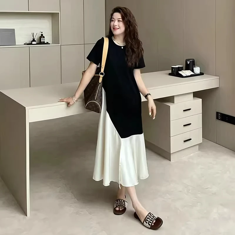 大码女装夏季时尚高级感拼接连衣裙胖mm遮肉显瘦赫本风气质小黑裙