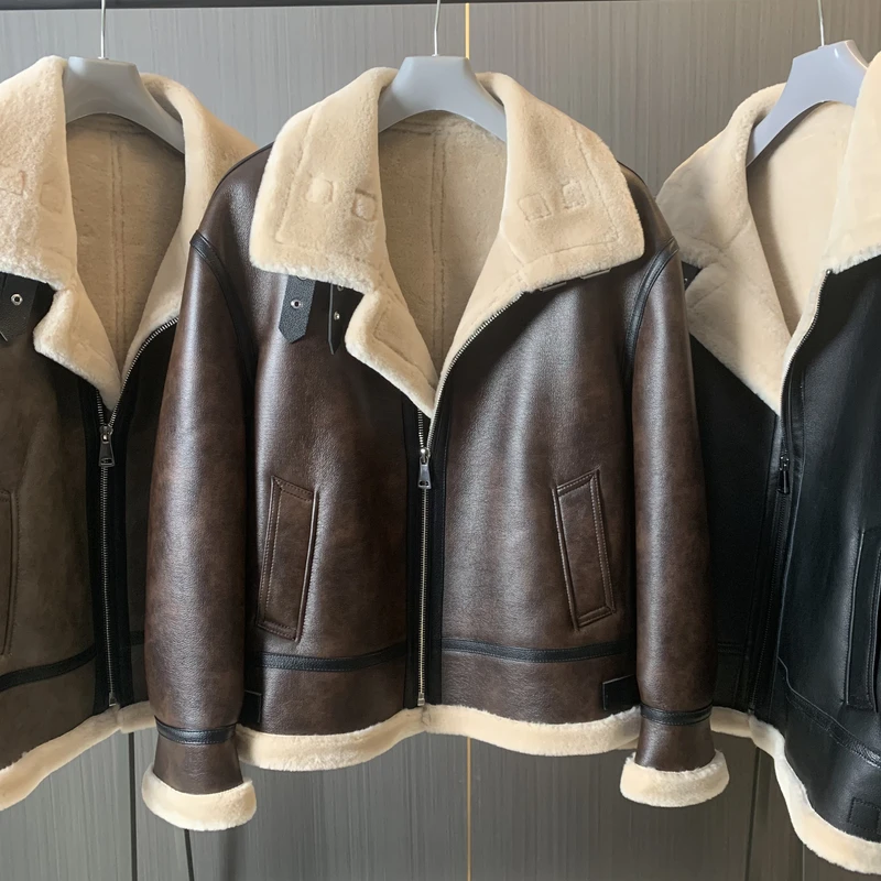 原生态皮毛一体B3飞行服复古重工猎装版男士羊皮皮衣机车翻领外套