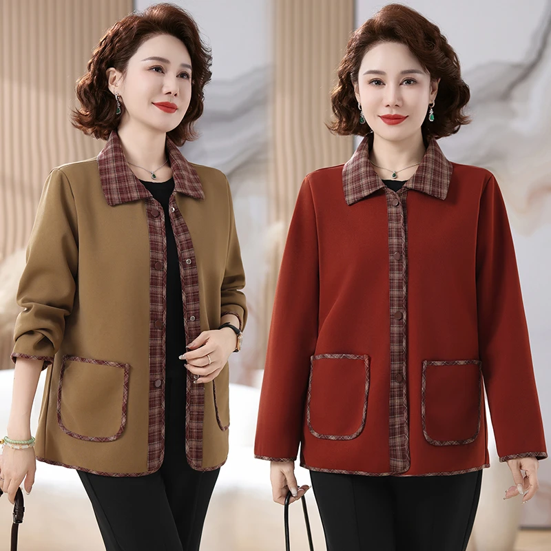 中年妈妈春装洋气短款翻领外套中老年女装春秋时尚休闲减龄上衣