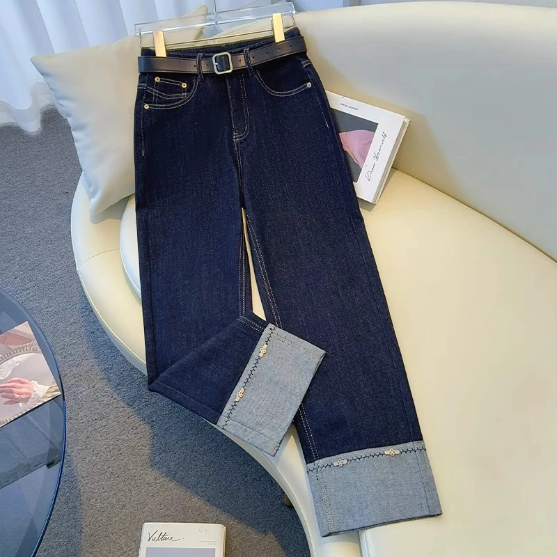 拉夏贝尔翻边直筒牛仔裤女春秋季2025年新款小个子显瘦拼接烟管裤