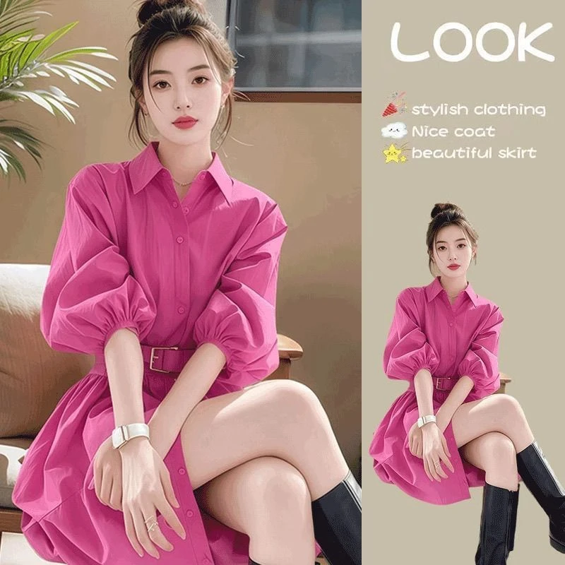 高级气质红色洋气衬衫连衣裙2025百搭时尚春夏显瘦新款收腰衬衣裙