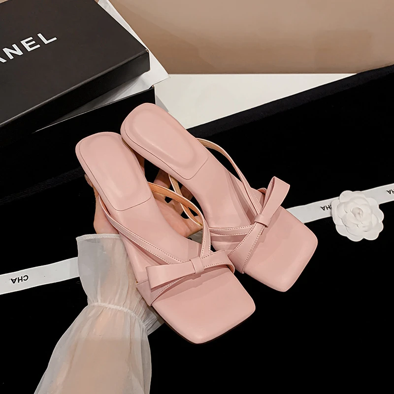 踩屎感温柔蝴蝶结高跟鞋女夏外穿一字细跟仙女配裙子凉拖鞋女