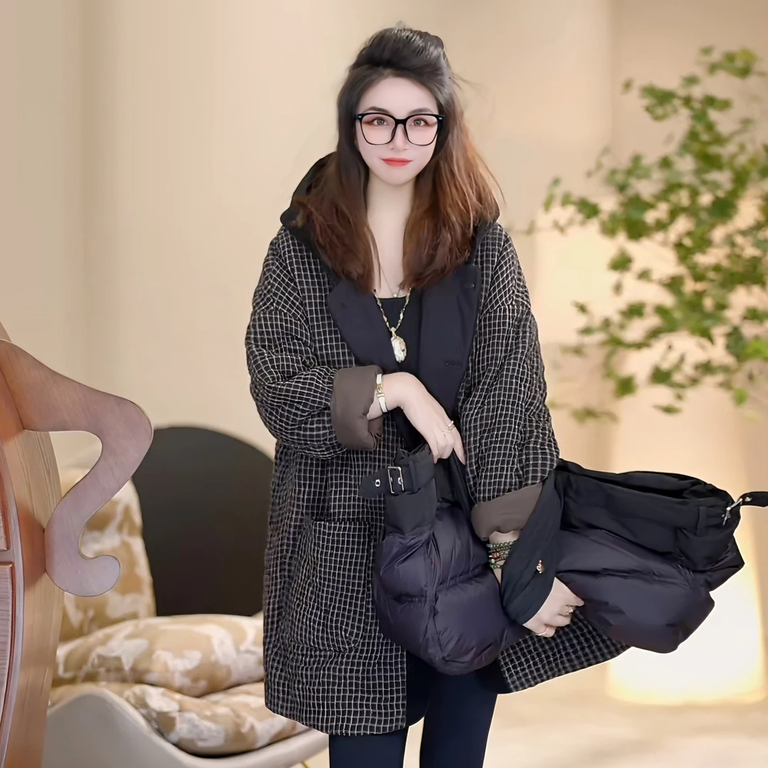 Linda姐高端线【复古格纹】秋冬慵懒连帽格子棉服外套AW4WDW0309