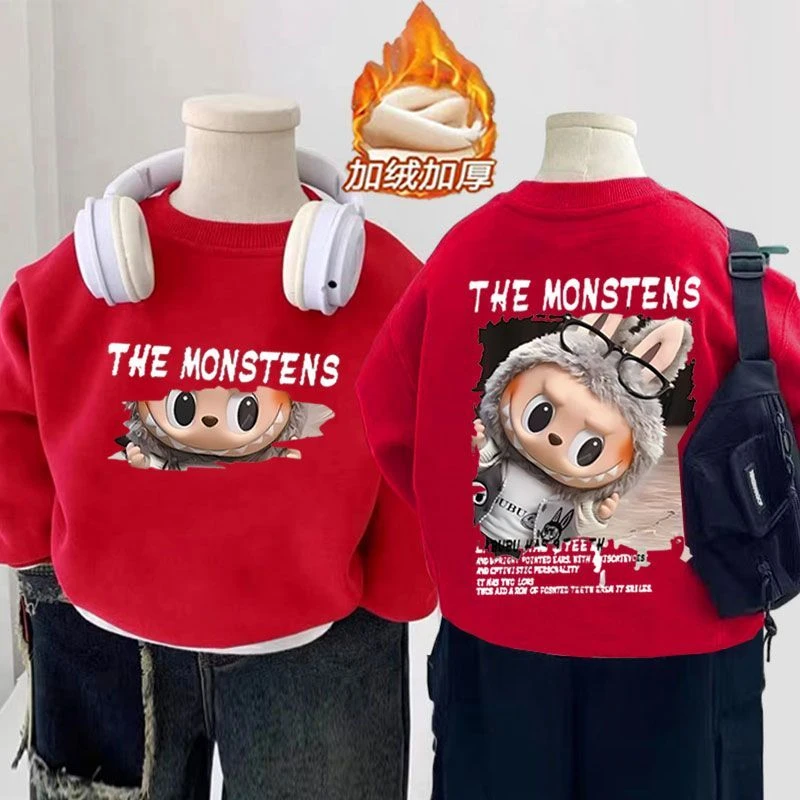 男女童拉布布马年新款春秋冬圆领加绒卫衣新年儿童加厚红色拜年服