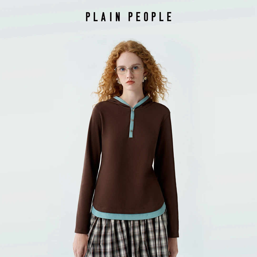 PLAIN PEOPL休闲简约通勤连帽撞色长袖T恤上衣女2025秋季新款