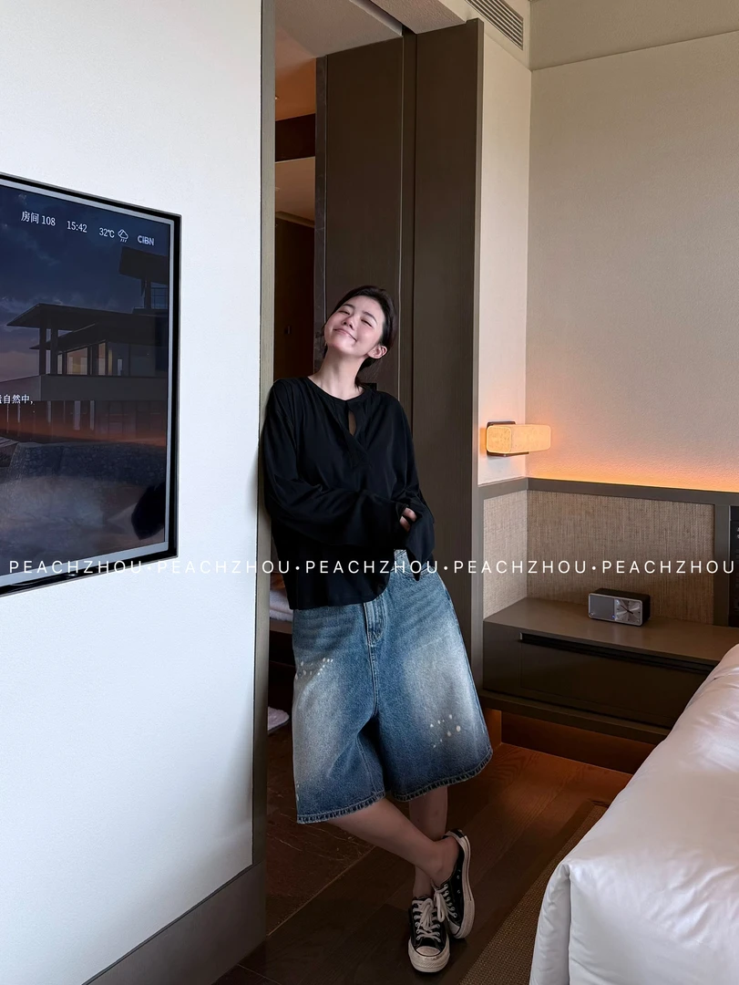 『PEACHZHOU』洗水做旧小点垮裤宽松阔腿牛仔短裤美式街头老爹中裤