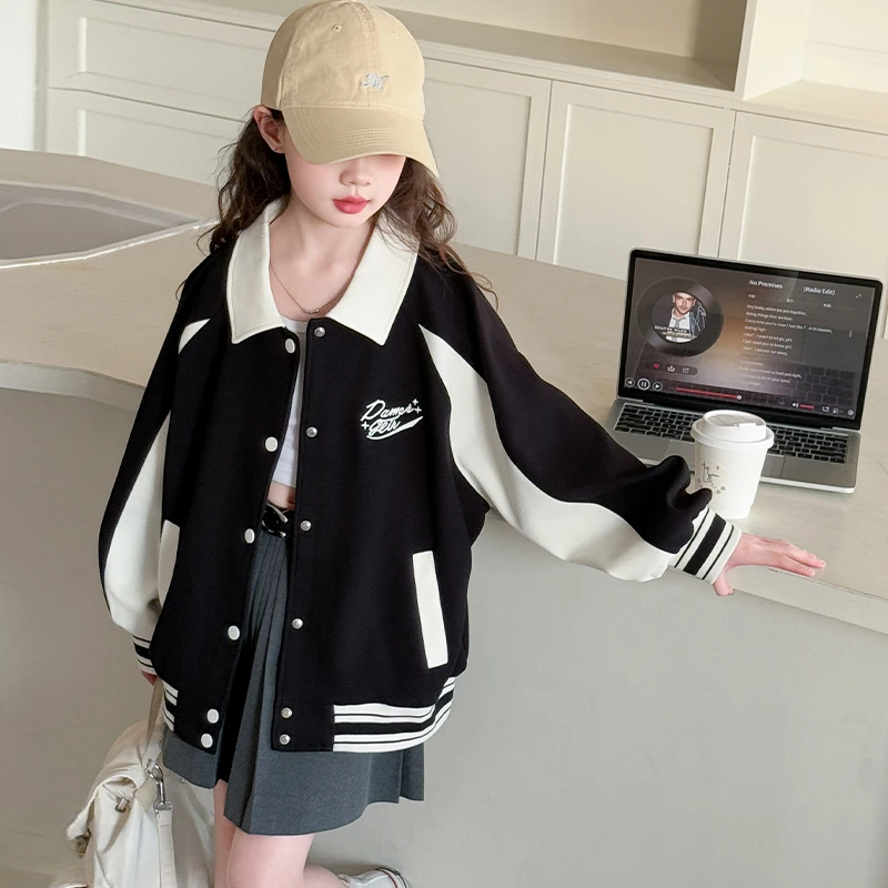 女童春款棒球服2025春秋新款休闲中大童洋气春季宽松拼接卫衣外套