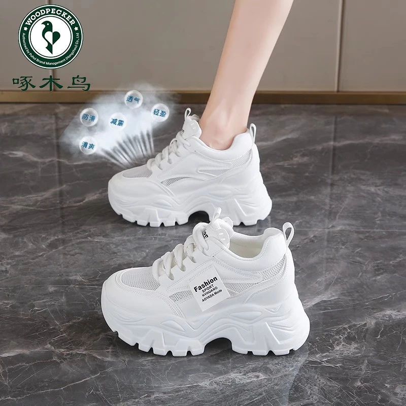 啄木鸟2025新款夏季厚底内增高网布老爹鞋女款小个子透气运动鞋