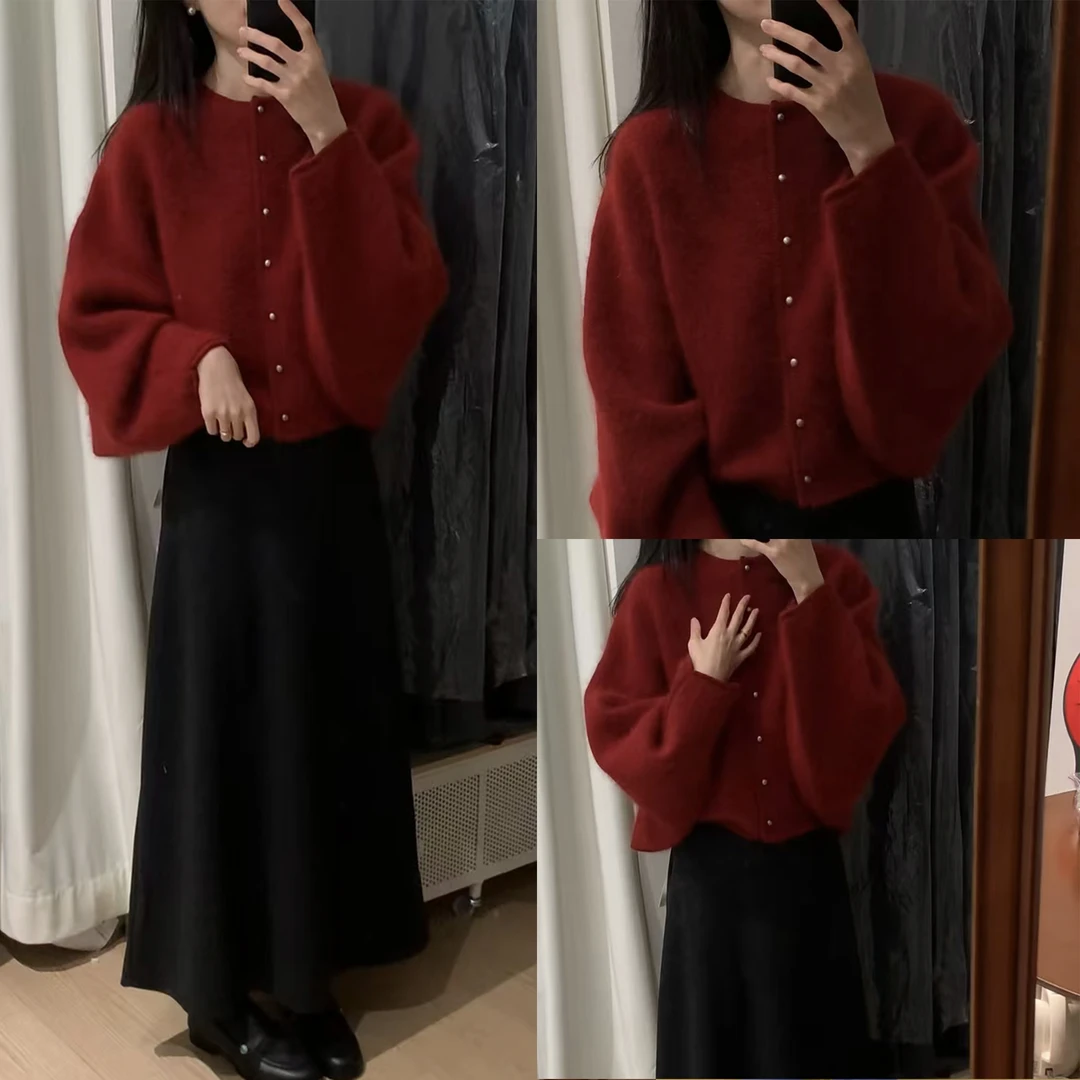 2025年新款韩系穿搭百搭圆领长袖针织开衫高腰半身裙两件套装