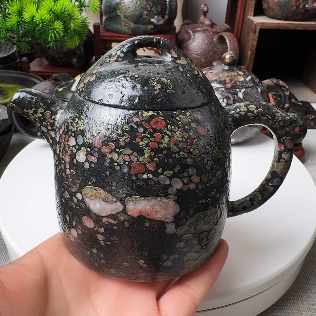 暗***迷石材梅花玉精美茶壶