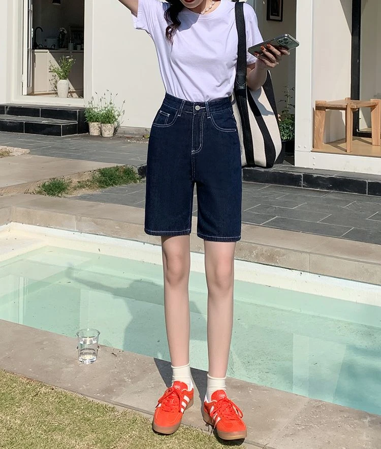 夏季薄款短裤五分裤浅蓝色牛仔短裤女 宽松直筒高腰显瘦薄款