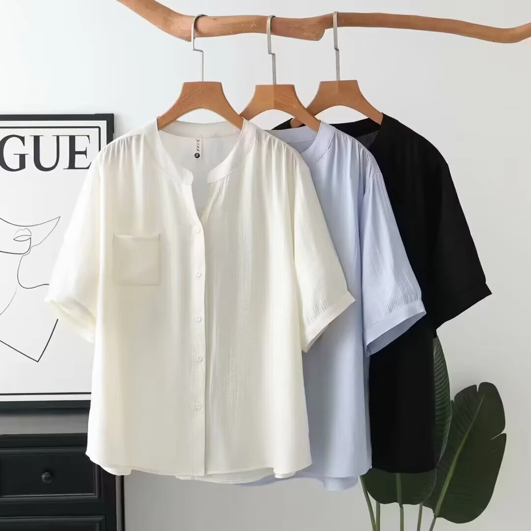 微胖大码女装夏季新款V领短袖宽松衬衫凉快垂感遮肚子显瘦上衣