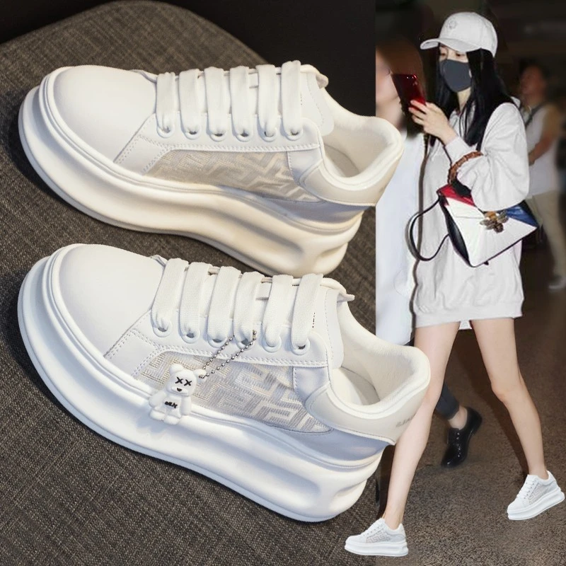 内增高小白鞋女夏季网面透气2025新款百搭厚底小个子运动休闲板鞋