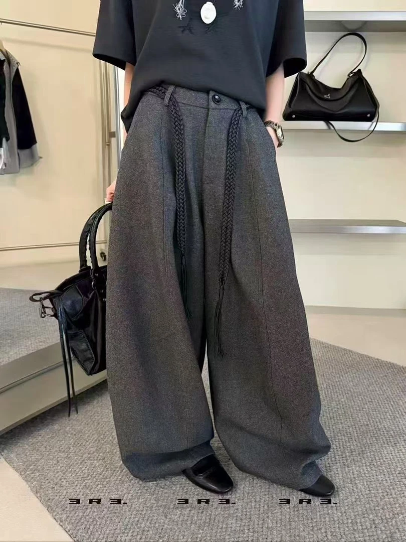 MX-25111腰带弯刀裤高腰长裤秋季休闲裤抽绳时尚黑色阔腿裤