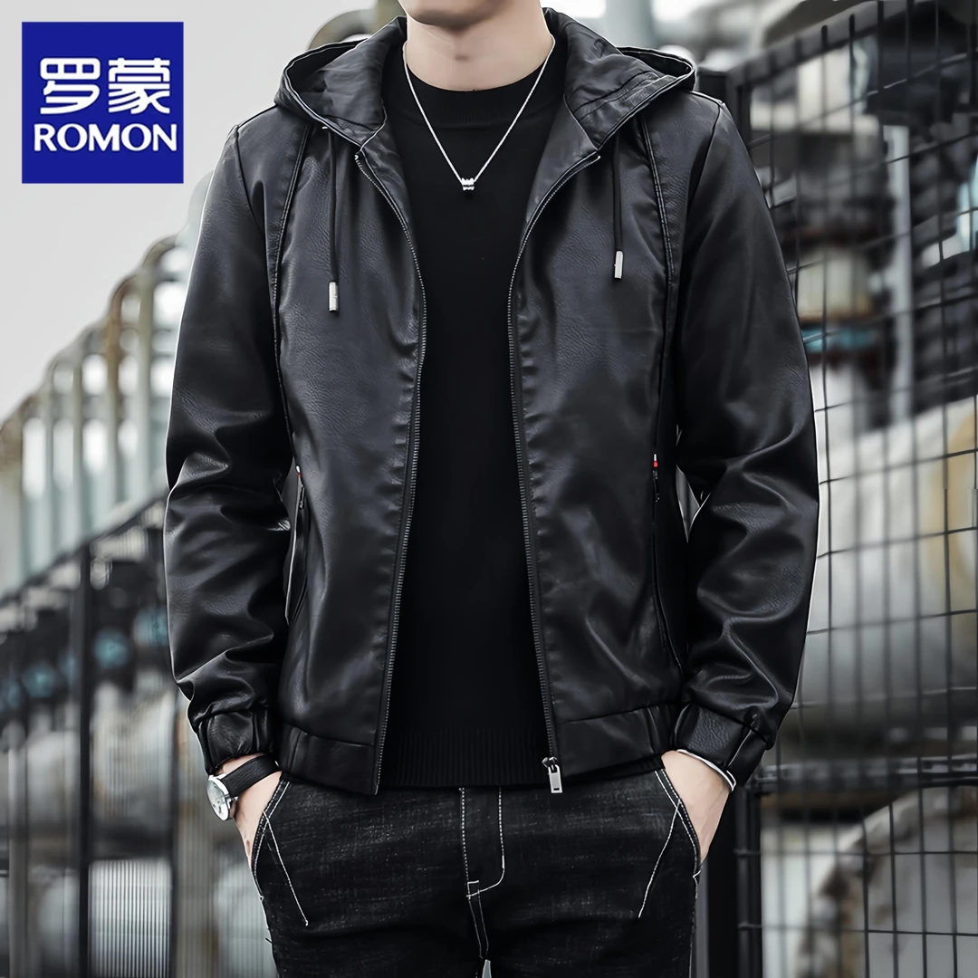 Romon/罗蒙新品上衣夹克男士秋冬皮衣韩版休闲潮流连帽机车服外套