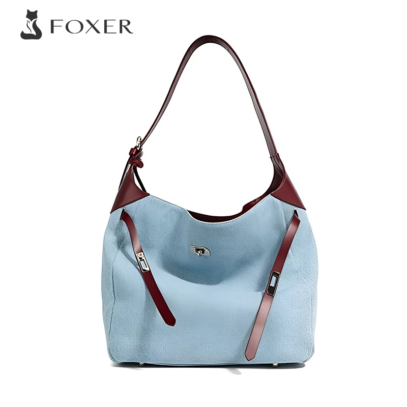 FOXER牛仔布HOBO包小众拼色腋下包斜挎托特包