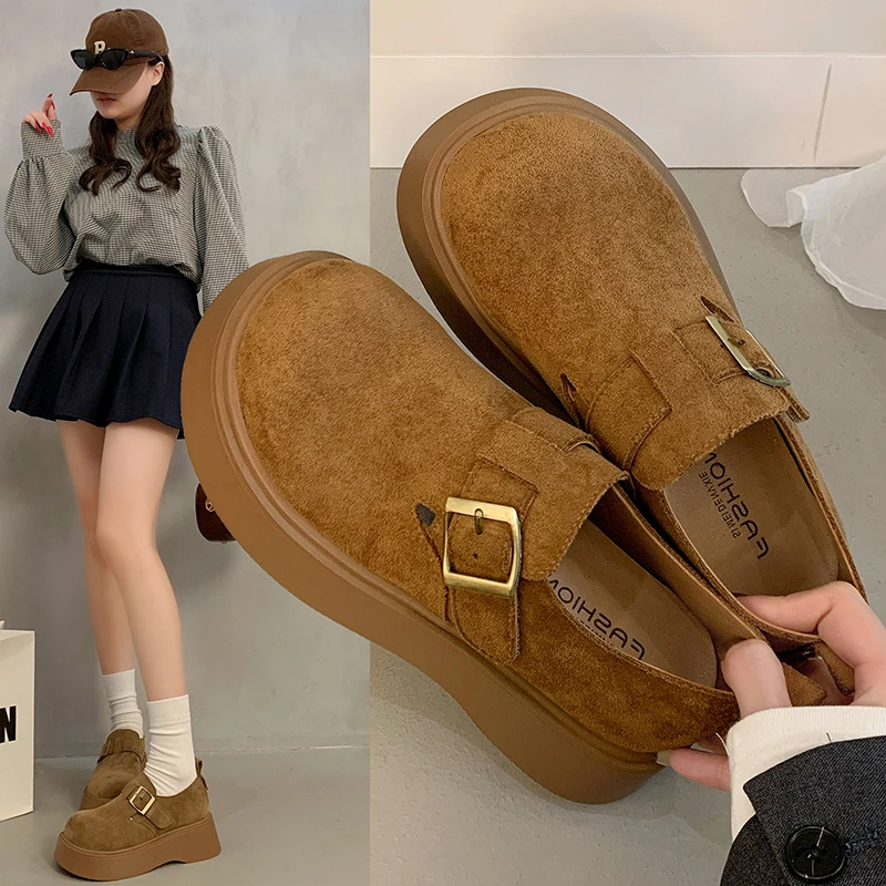 厚底5CM真皮勃肯鞋女春季新款单鞋2025英伦风复古百搭春秋休闲鞋