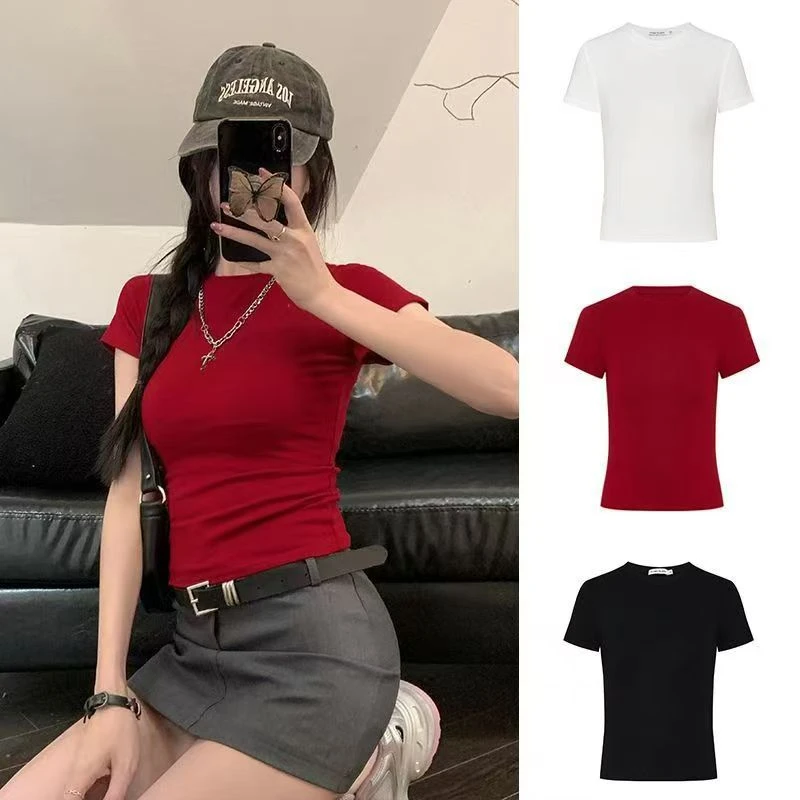 显身材掐腰正肩T恤女夏季韩版高弹修身显瘦红色短袖外贸女装上衣