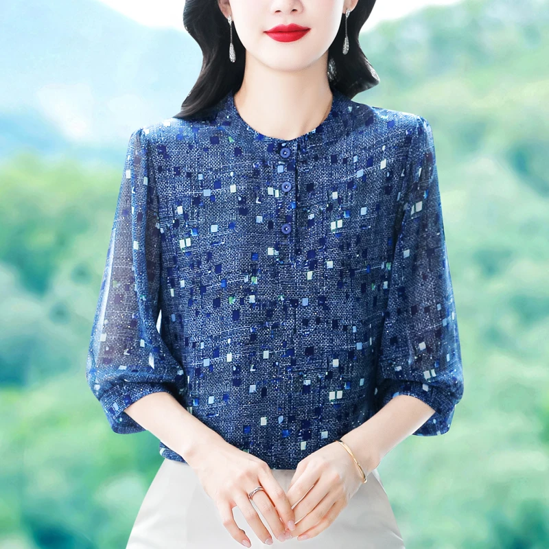 2025夏季新款妈妈七分袖轻奢气质圆领雪纺衬衫时尚洋气显瘦小衫