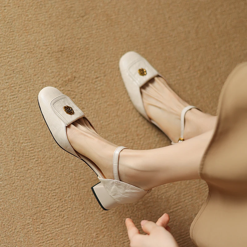 羊皮4公分/方头粗跟法式一字带凉鞋女复古气质百搭专用包头女鞋