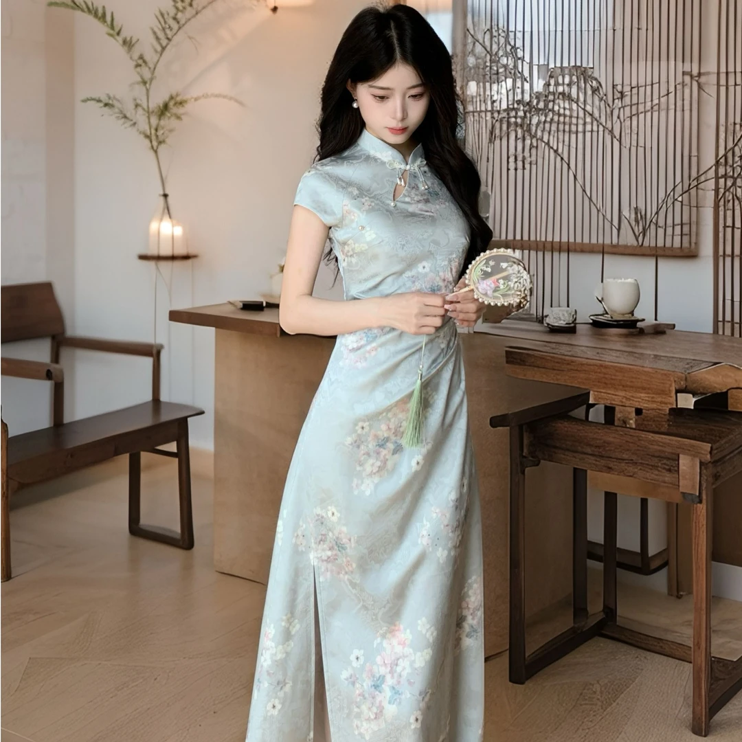 Blovelan月魄霜英 新中式印花国风侧开叉改良旗袍