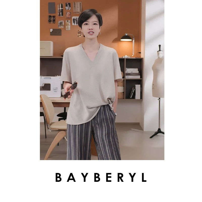 BAYBERYL老贝小A和纸卷边V领亮片短袖柔软针织衫9ZZS5G1028-7/11